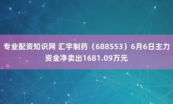 专业配资知识网 汇宇制药（688553）6月6日主力资金净卖出1681.09万元